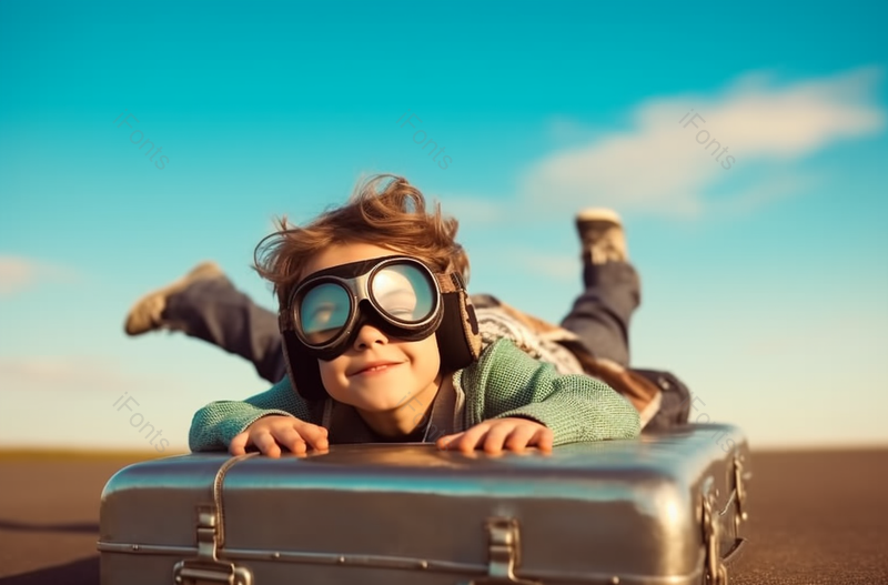 戴着护目镜的小男孩想象着在手提箱上飞行背景图,高清,摄影图,摄影图片,图片大全,摄影图免费下载